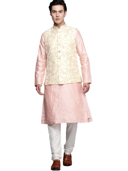 Manyavar Mens Jacket, Nehru Jacket for Men, Ethnic Jacket for Festival, Anniversary, Wedding, Party, Sleevless Jacket (Beige)