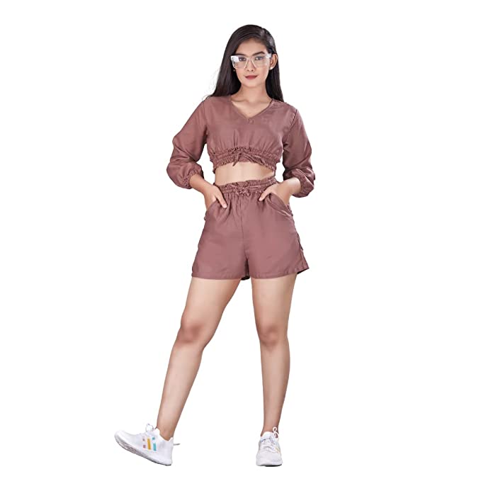 Two Piece Dress for Women Cotton Long Sleeves Women's V-Neck Top and Shorts - Travel Edition