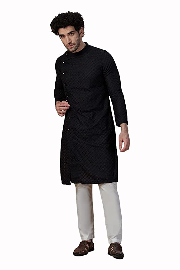 Manyavar Kurta Set for Men, Full Sleeves Mandarin Collar Ethnic Men's Kurta Set for Engagement, Wedding, Party Blended Cotton Embroidery (Black)