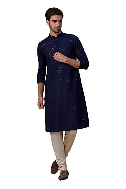 Manyavar Kurta Set for Men, Full Sleeves Mandarin Collar Ethnic Men's Kurta Set for Engagement, Wedding, Party Blended Cotton Embroidery (Blue)