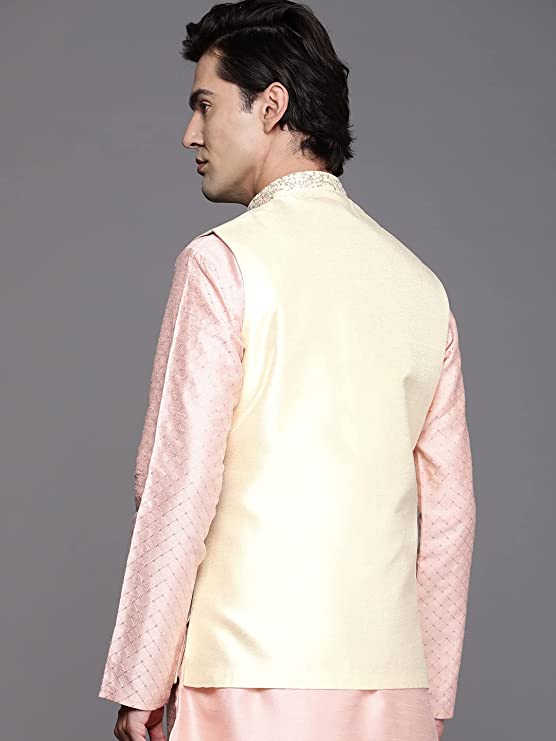 Manyavar Mens Jacket, Nehru Jacket for Men, Ethnic Jacket for Festival, Anniversary, Wedding, Party, Sleevless Jacket (Beige) - Image 3