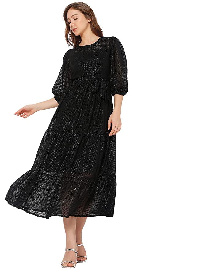 VERO MODA Women's Polyester A-Line Midi Dress (10287073- Black_XS)
