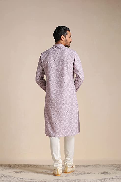 Manyavar Kurta Set for Men, Full Sleeves Mandarin Collar Ethnic Men's Kurta Set for Engagement, Wedding, Party Blended Cotton Printed