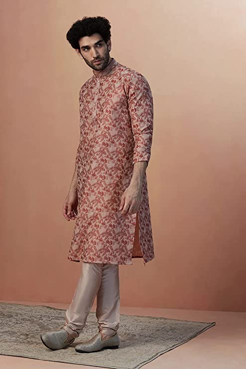 Manyavar Kurta Set for Men, Full Sleeves Mandarin Collar Ethnic Men's Kurta Set for Engagement, Wedding, Party Blended Cotton Printed (Rust) - Image 3