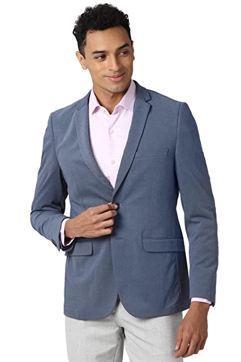 Peter England Men's Textured Slim Fit Blue Blazer