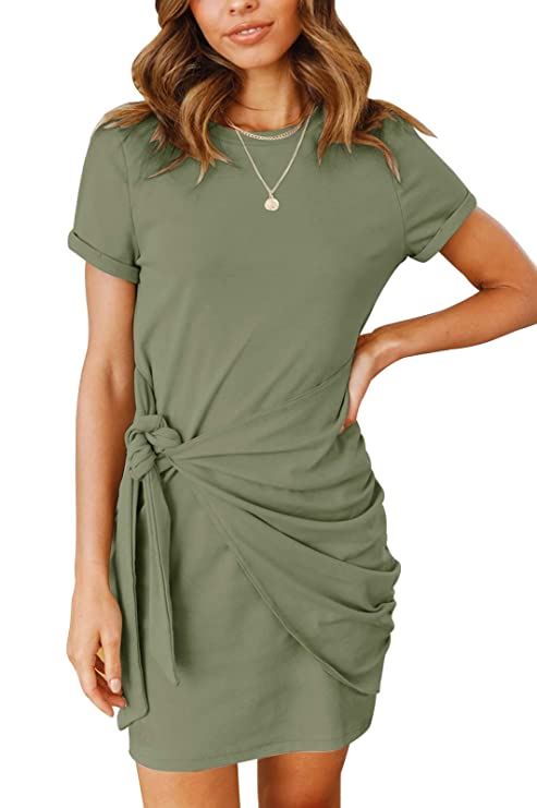 MEROKEETY Women's Short Sleeve Crew Neck T Shirt Dress Tie Waist Ruched Bodycon Mini Dress