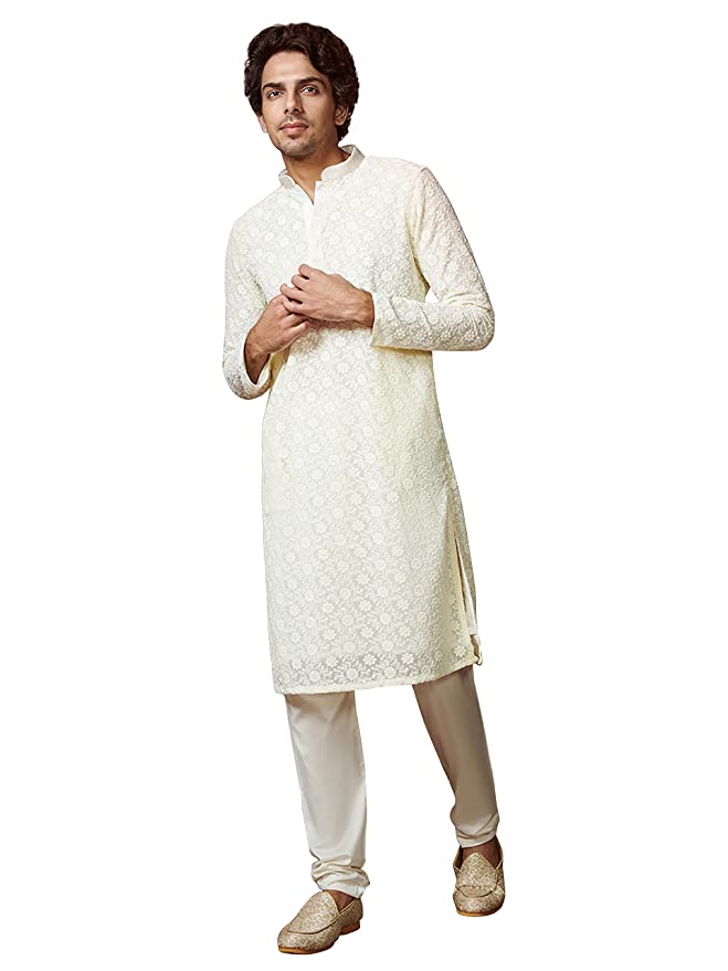 Manyavar Kurta Set for Men, Full Sleeves Mandarin Collar Ethnic Kurta Set for Engagement & Wedding, Party Georgette