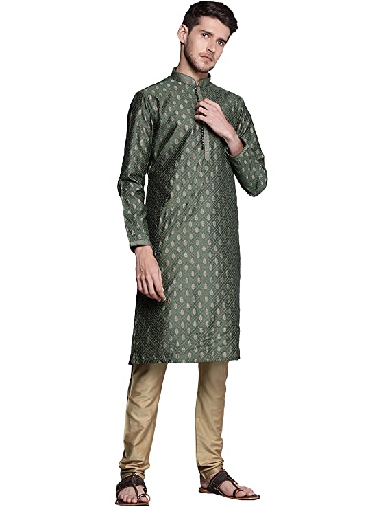 Manyavar Kurta Set for Men, Full Sleeves Mandarin Collar Ethnic Kurta Set for Engagement, Wedding, Party Solid (Green)