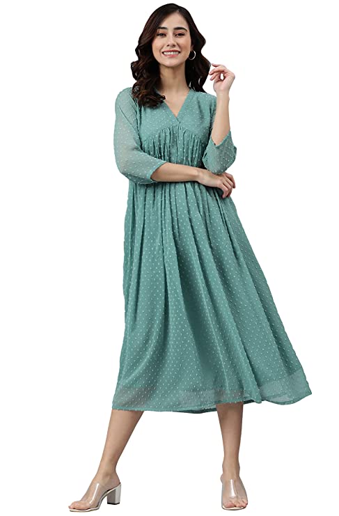 Janasya Women's Turquoise Blue Poly Chiffon Self Design Flared Western Dress