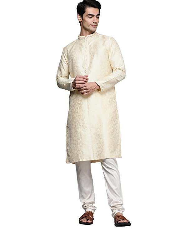 Manyavar Kurta Set for Men, Full Sleeves Mandarin Collar Ethnic Kurta Set for Engagement, Wedding, Party Solid (Beige)