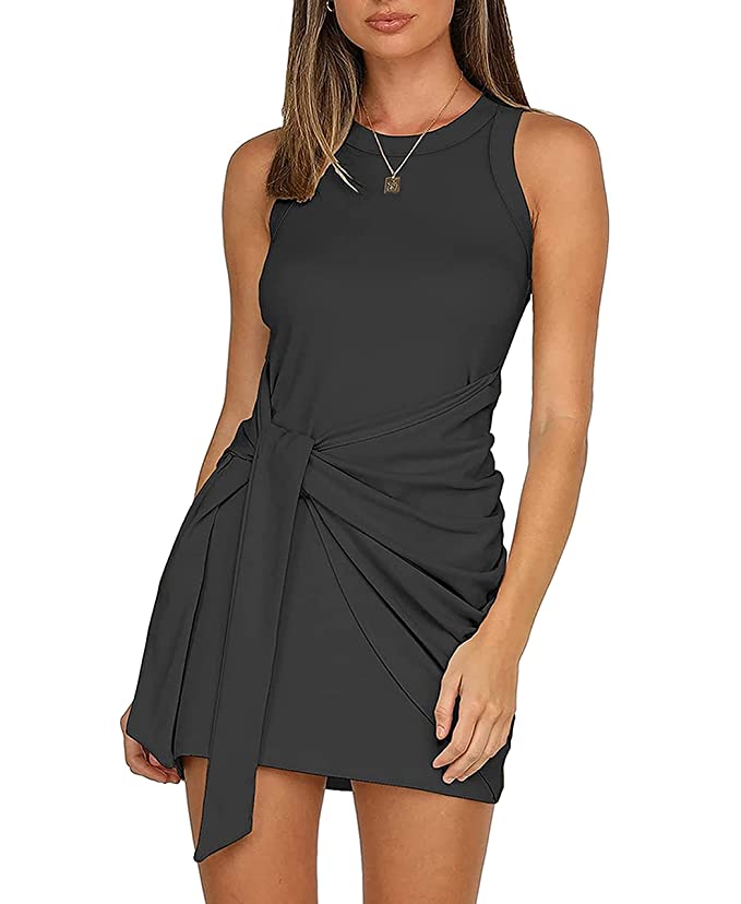 LIYOHON Women's Summer Casual Beach Dress Sleeveless Ruched Tie Tank Bodycon Wrap Mini Dresses