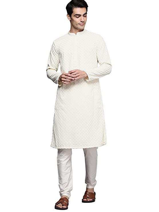 Manyavar Kurta Set for Men, Full Sleeves Mandarin Collar Ethnic Kurta Set for Engagement, Wedding, Party All Over Self Design (Off White)