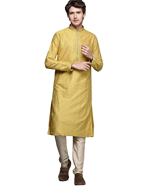 Manyavar Kurta Set for Men, Full Sleeves Mandarin Collar Ethnic Kurta Set for Engagement, Wedding, Party All Over Self Design (Mustard)
