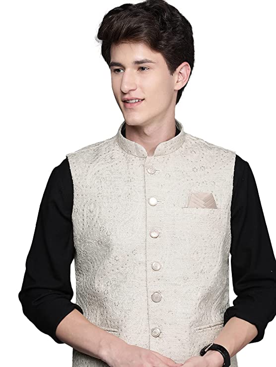 Manyavar Nehru Jacket For Men, Ethnic Jacket for Festival, Wedding, Party, Sleevless Jacket, Solid