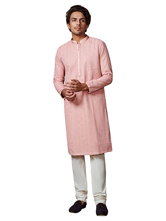 Manyavar Kurta Set for Men, Full Sleeves Mandarin Collar Ethnic Kurta Set for Engagement, Wedding, Party Solid