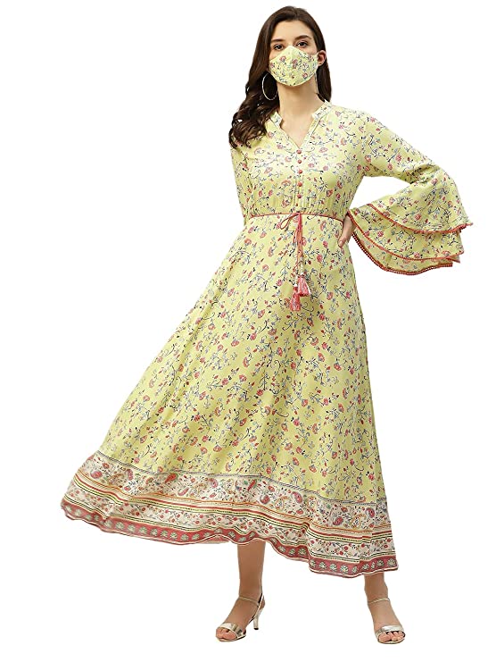 Juniper Women's Rayon Floral Print Flared Dress with Tie-Up Dori & Mask