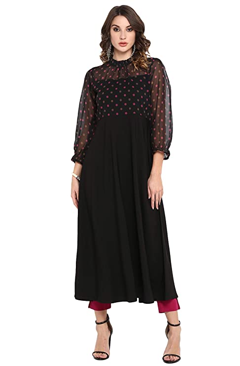Janasya Women's Black Poly Crepe Polka Print A-line Kurta