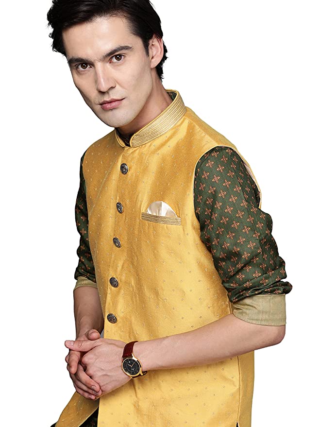 Manyavar Mens Jacket, Nehru Jacket for Men, Ethnic Jacket for Festival, Wedding, Party Sleevless Jacket (Mustard)