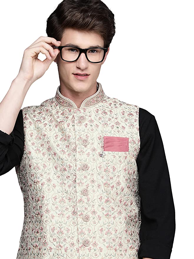 Manyavar Mens Jacket, Nehru Jacket For Men, Ethnic Jacket for Festival, Wedding, Party, Sleevless Jacket (Off White)