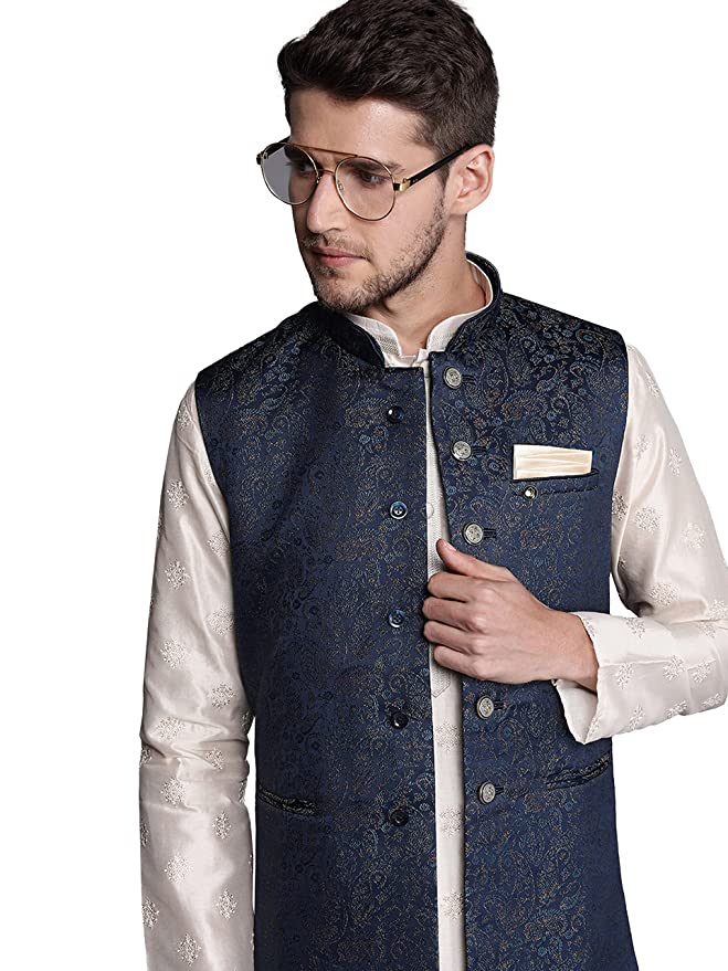 Manyavar Mens Jacket, Nehru Jacket for Men, Ethnic Jacket for Festival, Wedding, Party, Sleevless Jacket Brocade