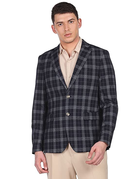 Arrow Men Navy Notch Lapel Collar Check Formal Blazer