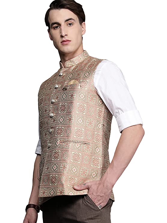 Manyavar Nehru Jacket for Men, Ethnic Jacket for Festival, Wedding, Party, Sleevless Jacket, All Over Self Design