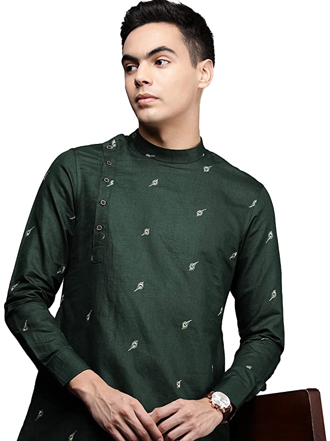 Manyavar Men's Kurta, Full Sleeves Mandarin Collar Ethnic Knee-Length Kurta Only, Kurta for Festival, Wedding, Party, and Anniversary, Blended Linen (Green)