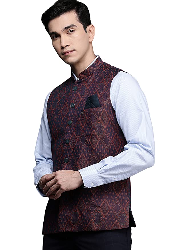 Manyavar Nehru Jacket for Men, Ethnic Jacket for Festival, Wedding, Party, Sleevless Jacket, All Over Self Design