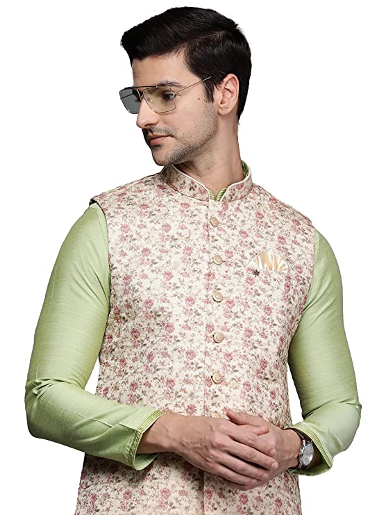 Manyavar Men's Nehru Jacket (JAC229-303_Biscuit_2XL)